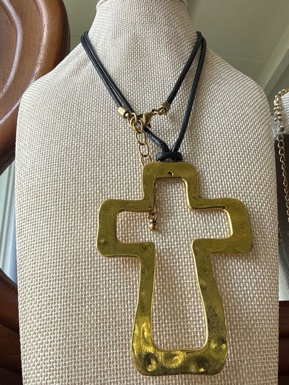 Large Gold Cross Pendant Necklace on Black Cord